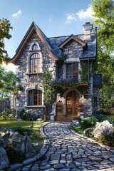 Elegant Stone Cottage Exterior Illustration