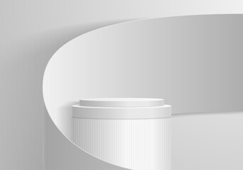Round podium or pedestal for exhibition hall in studio on light background in abstract minimalistic design. Vector illustration.