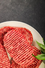 Meat cutlet raw fresh ground beef burger, pork, chicken, turkey dish fresh delicious gourmet food background on the table rustic food top view copy space