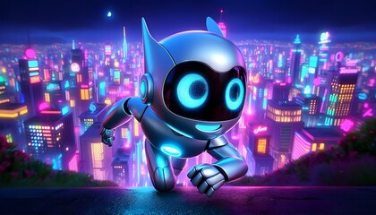 Bright Futuristic City with Shiny Silver Robot running in city with Neon Lights: Colorful Daydream in a 3D Cartoon World, robot escape, robot running in night in city.