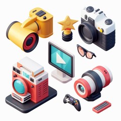 A collection of 3D rendered images of photography and videography equipment.