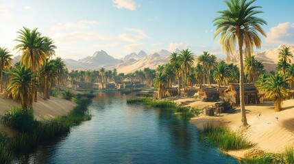 Obraz premium a small oasis in the desert with a small pond and small houses among the sands