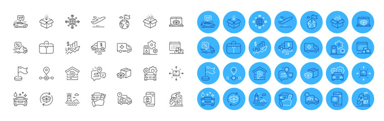 Handbag, Rent car and Vip transfer line icons pack. Journey, Return parcel, Milestone web icon. Open box, Car service, Delivery pictogram. Lighthouse, Cardboard box, Packing boxes. Vector