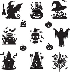 set of Halloween elements and icons vector silhouette illustration black
