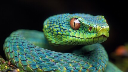 Fototapeta premium A close-up portrait of a green pit viper with a black background. The snake's scales are visible, and its eye is focused on the viewer.