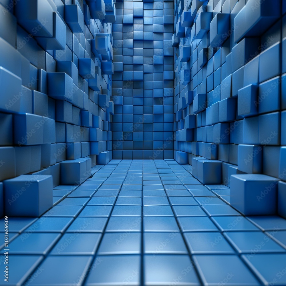 Poster Blue 3D Room With Checkered Floor