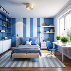 Modern bedroom design in blue tones with stylish furniture and sunny windows. Generative AI