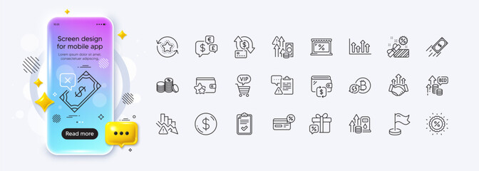 Market, Upper arrows and Banking money line icons for web app. Phone mockup gradient screen. Pack of Discount, Deflation, Bid offer pictogram icons. Fast payment, Wallet, Sale gift signs. Vector