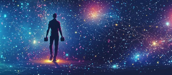 Obraz premium businessman with dumbbell in the form of a starry sky or space, consisting of points, lines, and shapes in the form of planets