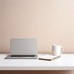 Fototapeta premium Empty white desk with laptop and notebook