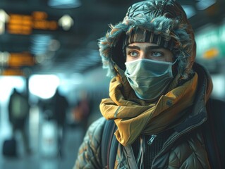 Obraz premium A young man wearing a mask and a hooded jacket stands in a train station.