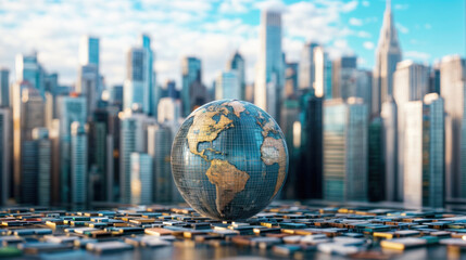 Globe background modern city. Digital planet earth, world map, international network connection. Futuristic urban skyline, skyscraper development. Global business technology concept. Abstract.