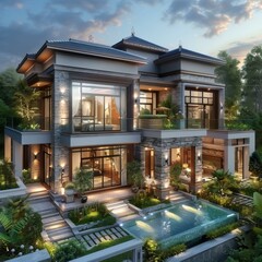 Fototapeta premium Luxury Modern Asian Villa Exterior Design