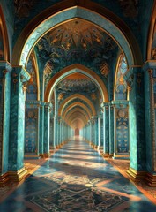 Obraz premium An illustration of a long hallway with blue and gold columns and arches.