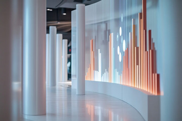 Obraz premium White modern exhibit with orange light bars and translucent white columns, displaying digital data and charts 