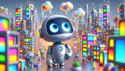 Bright Futuristic City with Shiny Silver Robot in city with Neon Lights: Colorful Daydream in a 3D Cartoon World