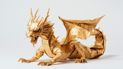 Intricately folded origami dragon made from golden paper, displayed on a plain background