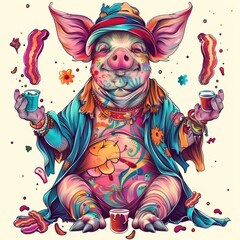 A psychedelic pig wearing a hat and sunglasses is meditating in a lotus position.