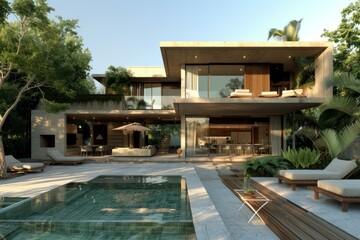 Fototapeta premium Modern Tropical Villa with Pool Exterior Design