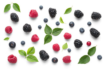 Top view of berries, red and black berries and leaves on transparent background