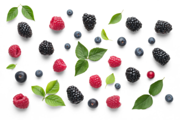 Top view of berries, red and black berries and leaves on transparent background