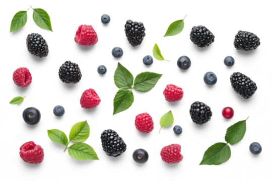 Top view of berries, red and black berries and leaves on transparent background