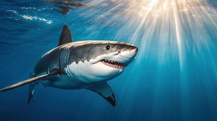 Fototapeta premium A Great White Shark Swims Beneath Sunlight Streaming Through Water