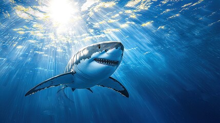Fototapeta premium A Great White Shark Swims Under Water