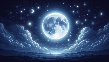 Night sky with big moon and white curly clouds on background of mountainous terrain