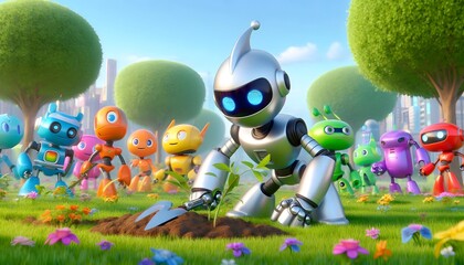A 3D small silver robot with Colorful Robots Planting Trees and Flowers in a Vibrant, Playful City Scene. A robot loves nature, plants, seeds, flowers, gardens, gardening HD cartoon background.