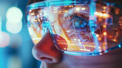 Close-up of a woman's eye looking through futuristic glasses reflecting colorful lights.