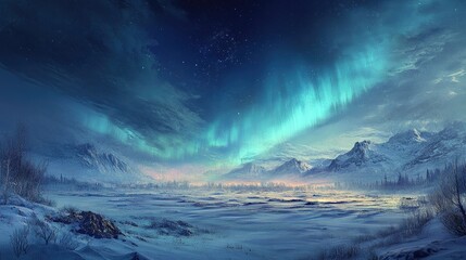 A panoramic view of the Northern Lights illuminating a vast winter landscape, with snow-covered fields and distant mountains.