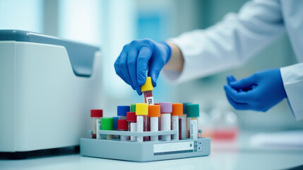 Close-up of a gloved hand placing a blood sample into a test tube rack in a laboratory setting. Laboratory Technician Handling Blood Sample in Test Tube Rack, Clinical Diagnostic Process.