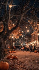 Fototapeta premium A cluster of pumpkins resting on the ground beneath a tree with lights dangling from its limbs