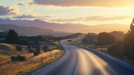 A scenic highway at dusk, the last rays of the setting sun illuminating the road as it stretches toward a distant mountain range.