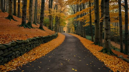 Fototapeta premium Scenic Forest Path Covered in Autumn Leaves: Peaceful Fall Walk Through Nature