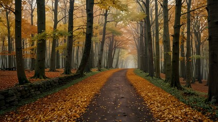 Scenic Forest Path Covered in Autumn Leaves: Peaceful Fall Walk Through Nature