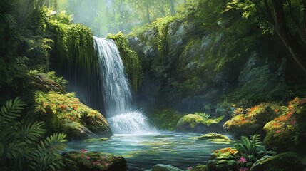 A serene, mystical waterfall hidden within a lush green landscape, surrounded by ferns, moss-covered rocks, and vibrant foliage.