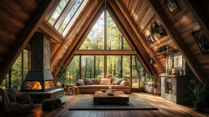 Fototapeta premium Rustic Cabin-Style A-Frame: Incorporate wooden beams and stone fireplaces to create a cozy, rustic vibe ideal for a woodland or mountain setting.