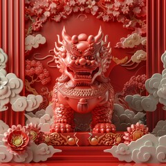 Fototapeta premium 3D Chinese Guardian Lion Statue Illustration