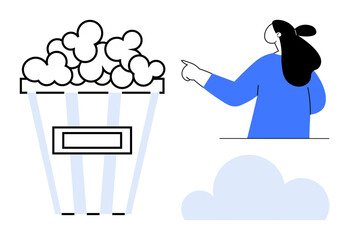 Woman pointing at a large popcorn box with a cloud below. Ideal for communication, entertainment, movie, snack, and casual themes. The style is simple, modern, and minimalistic
