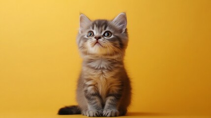 Obraz premium A cute gray kitten sits on a yellow background, looking up curiously.