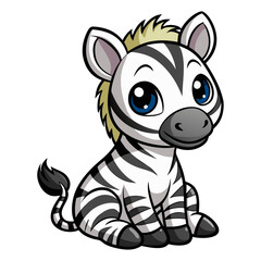 cartoon of cute baby zebra sitting isolated on white background.