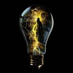 A silhouette of a person stands inside a light bulb, surrounded by bright yellow lightning.