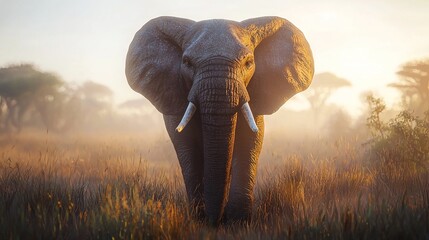 Naklejka premium An elephant with tusks walks through a field of tall grass, trees in the background, on a foggy day