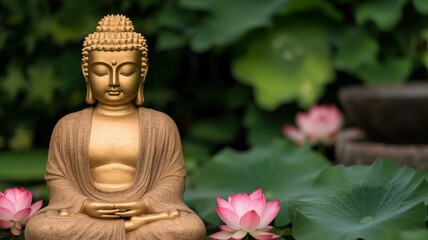 Fototapeta premium Golden Buddha Statue in Tranquil Garden Setting