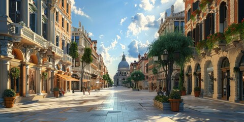 European Style Street Scenery with Shops and Buildings
