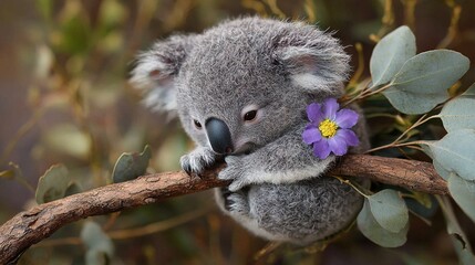 Obraz premium A koala bear perched atop a tree branch, clutching a vibrant purple flower against its fur-covered back while resting its weary head upon another branch above