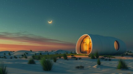 Obraz premium Futuristic Desert Home Under a Crescent Moon