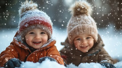 Close up of happy kids in warm winter clothing